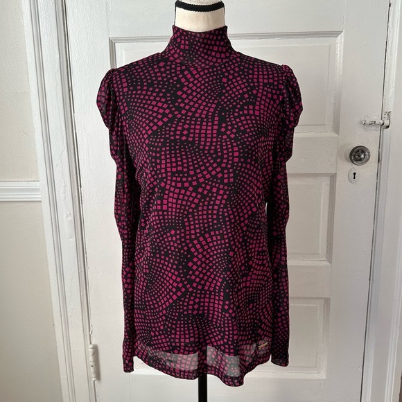 Nine West Women's Blouse Puff Sleeves Geometric Pink Print‎ Feminine Career Y2K - Picture 3 of 16